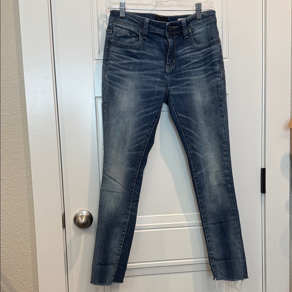 Buckle Dark Blue Skinny Jeans with Faded Detailing